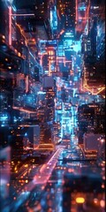 futuristic cityscape, with a multitude of buildings and structures illuminated by a myriad of lights, creating a vibrant and dynamic scene.