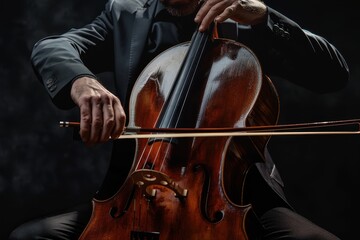 Cello player on black backdrop