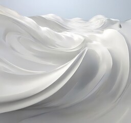 a swirling, ethereal landscape of white, resembling the movement of a cloud or a wave, with a light blue sky in the background.