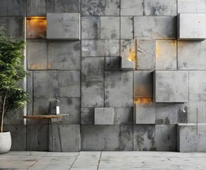 a modern interior design with a concrete wall featuring a grid-like pattern of cubes, a small table, and a potted plant.