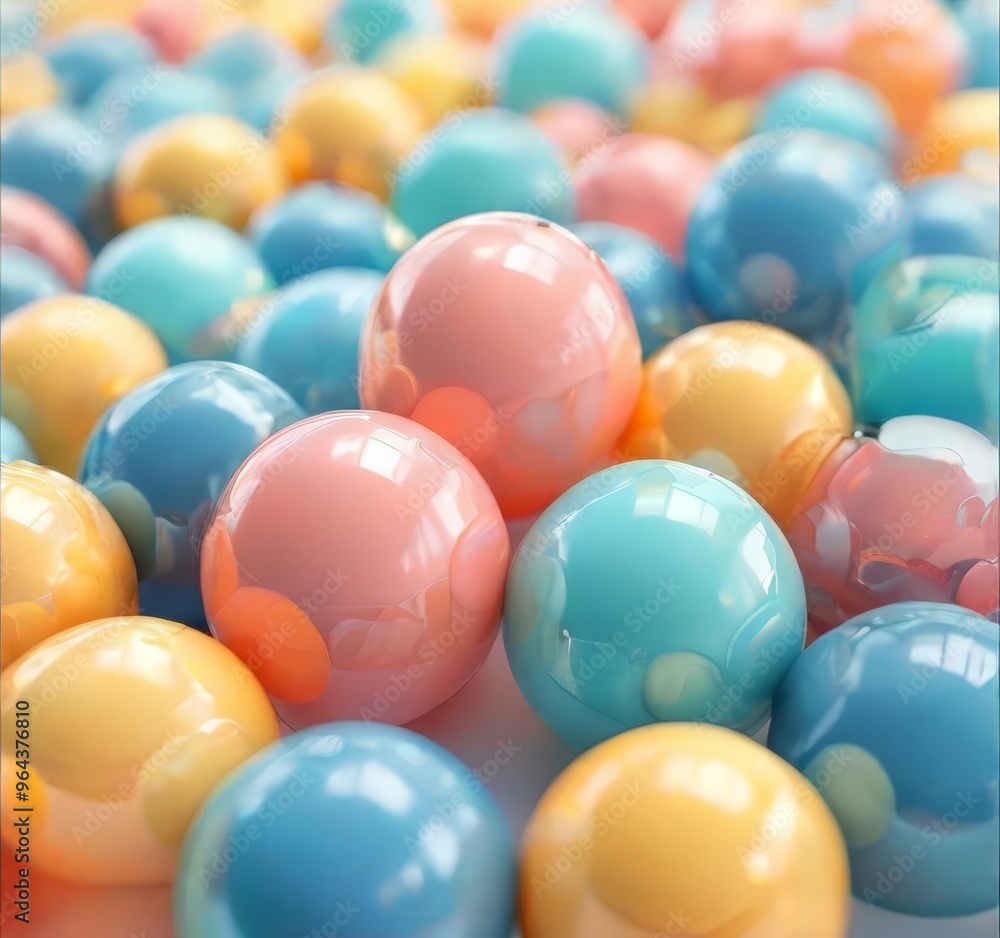 Poster a vibrant array of multicolored spheres, ranging from pastel blues and yellows to bold reds and oran