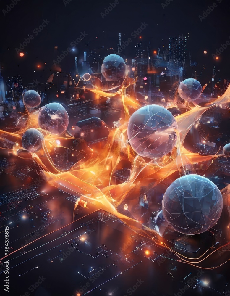 Poster a digital artwork depicting a futuristic cityscape with glowing spheres and lines of energy, creatin