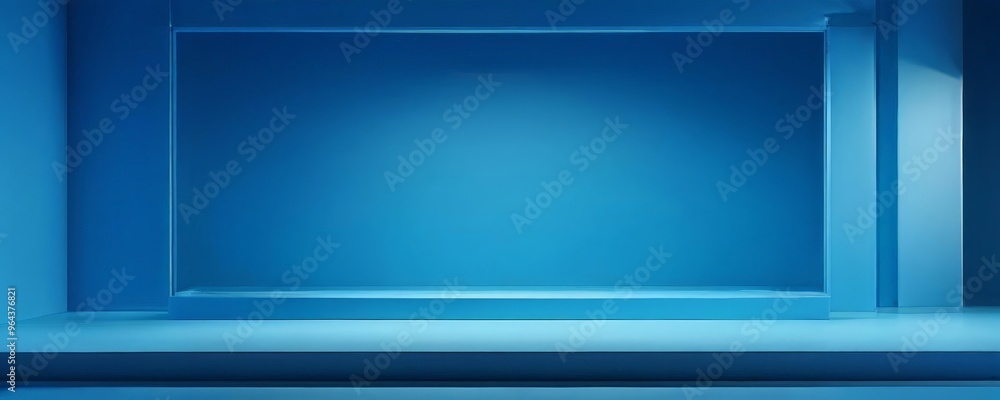 Poster a minimalist blue-tinted stage with a white platform and a rectangular light fixture in the center, 