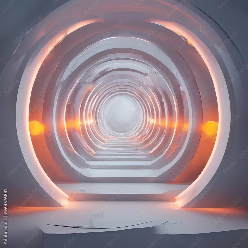 Poster a futuristic tunnel with a curved ceiling and glowing orange lights at the end, creating a sense of 