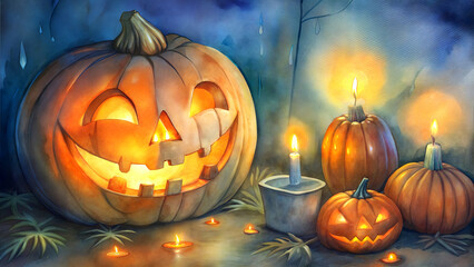 Fototapeta premium halloween pumpkin on a dark background, carved halloween pumpkins with candles in a misty night ambiance, jack-o-lanterns
