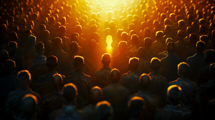 man with golden light. leadership concept. Leadership to lead team to the right direction, employee teamwork to help success