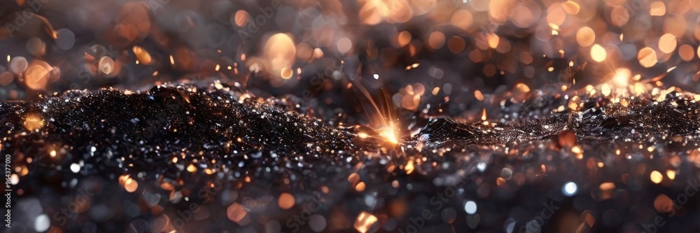 Poster a close-up view of a textured surface with a dark, glittery, and speckled appearance, creating a sen