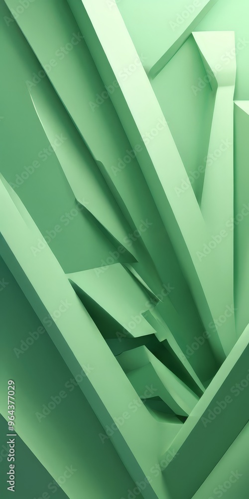 Poster complex arrangement of intersecting green geometric shapes, creating a visually striking abstract co