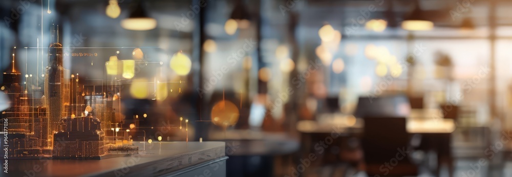 Poster a 3d model of a cityscape is displayed on a table, with a blurred background of a restaurant setting