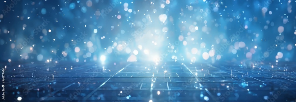 Poster futuristic, technological scene with a grid-like pattern of glowing blue lights, creating a sense of