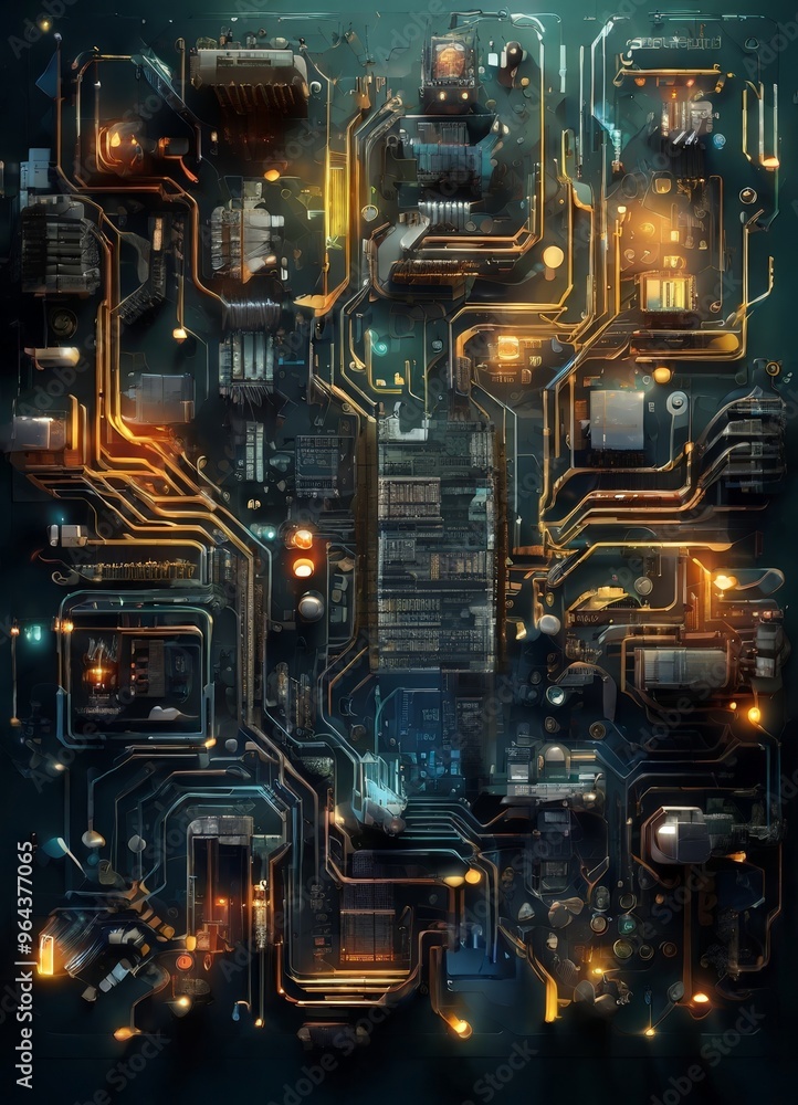 Poster a digital illustration of a complex circuit board, featuring a variety of electronic components and 