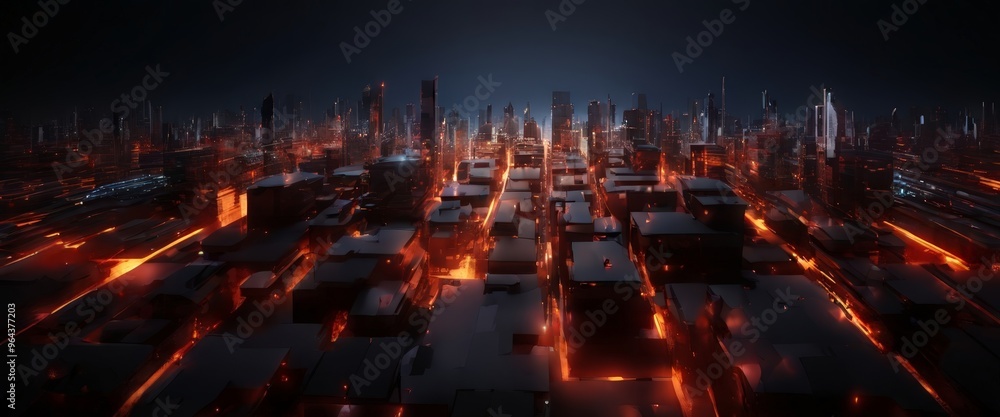 Poster a futuristic cityscape at night, with a dense network of illuminated buildings and skyscrapers, crea