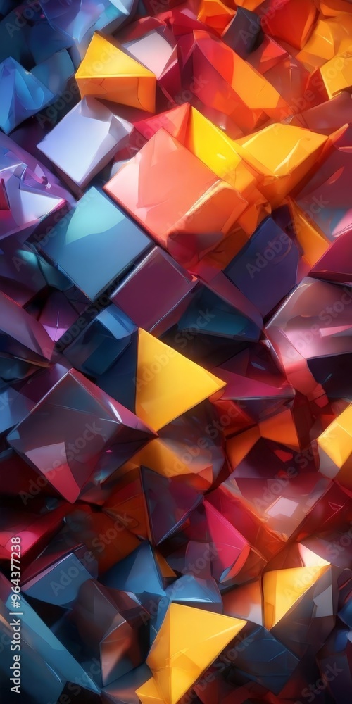 Poster a vibrant abstract composition featuring a multitude of overlapping cubes in various colors, includi