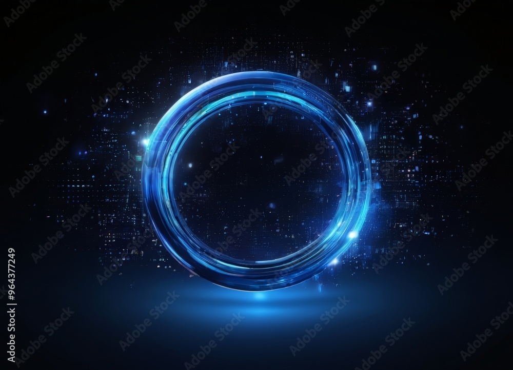 Poster a circular blue ring with a glowing center is set against a dark background with a pattern of small 