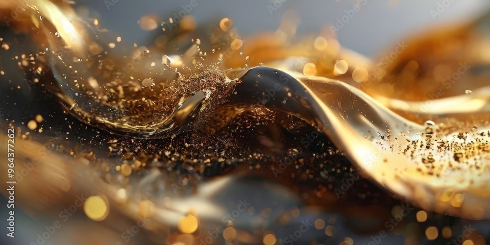 Poster a close-up view of a liquid surface, possibly water, with a wave-like pattern and a golden hue. the 