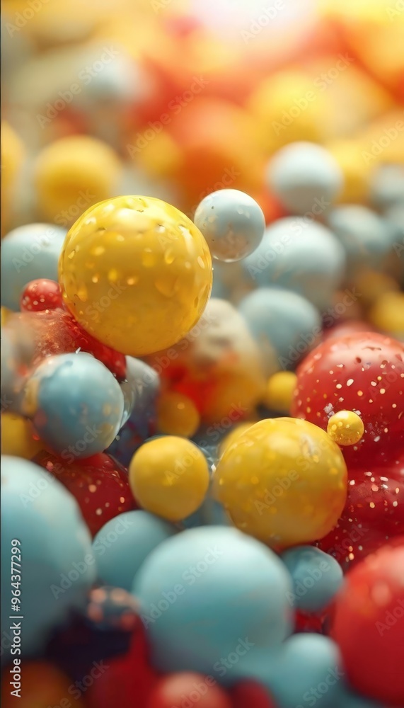 Poster a vibrant abstract composition of overlapping spheres in various colors, including yellow, blue, red