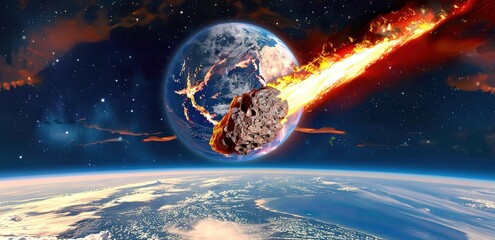 A fiery asteroid hurtling towards Earth, creating a dramatic scene of impending doom and destruction.