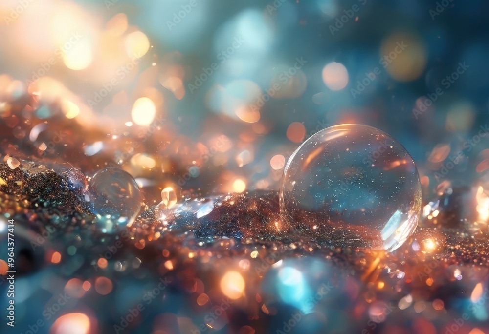 Poster close-up view of a transparent sphere resting on a textured surface, with a background of blurred, c