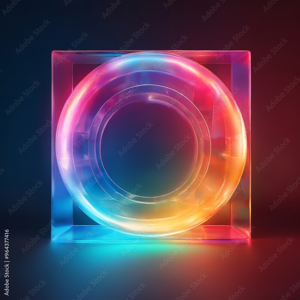 Aufkleber a transparent cube-shaped object with a circular opening in the center, illuminated by a vibrant dis
