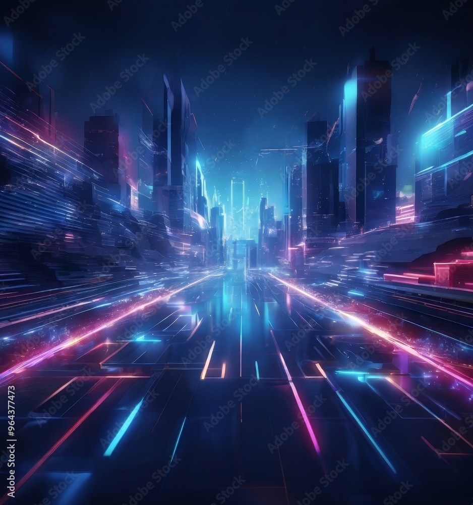 Poster futuristic cityscape with towering skyscrapers and a network of glowing, neon-like lines crisscrossi