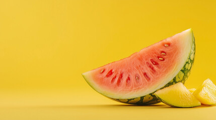 A vibrant, close-up image of a sliced watermelon, showcasing its juicy, red flesh and contrasting dark seeds.