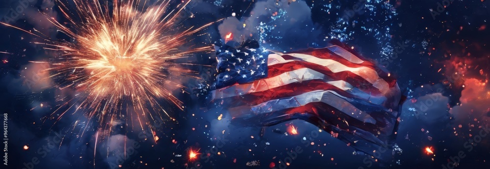 Poster the american flag is prominently displayed against a backdrop of a vibrant fireworks display, with t