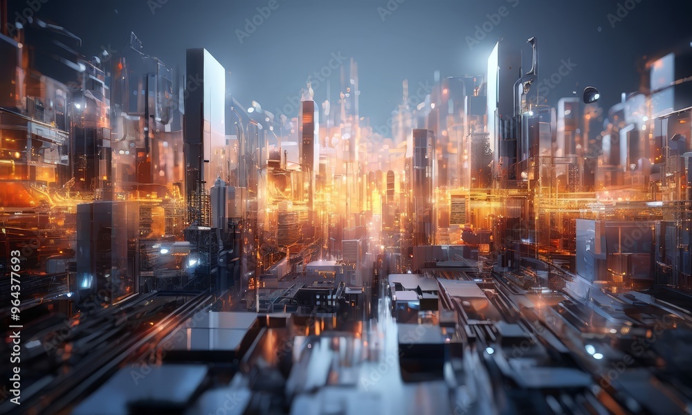 Poster futuristic cityscape, characterized by towering skyscrapers and a network of roads and highways. the
