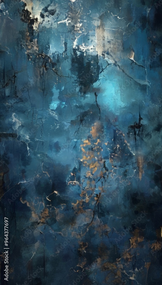 Poster an abstract painting featuring a dark blue background with splashes of gold and white, creating a se