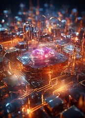 a futuristic cityscape with a central, glowing object resembling a brain, surrounded by a network of glowing lines and structures, creating a sense of depth and complexity.
