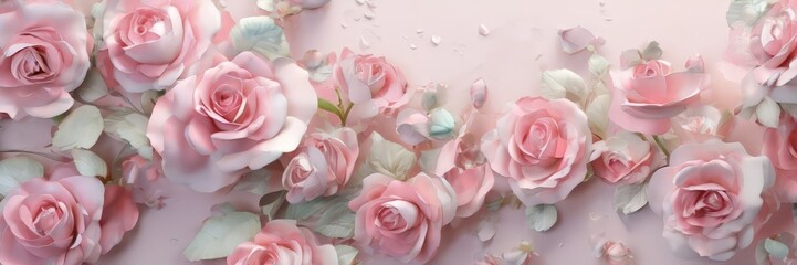 A collection of pink roses in various stages of bloom, with some fully open and others still in bud form, arranged against a light pink background.