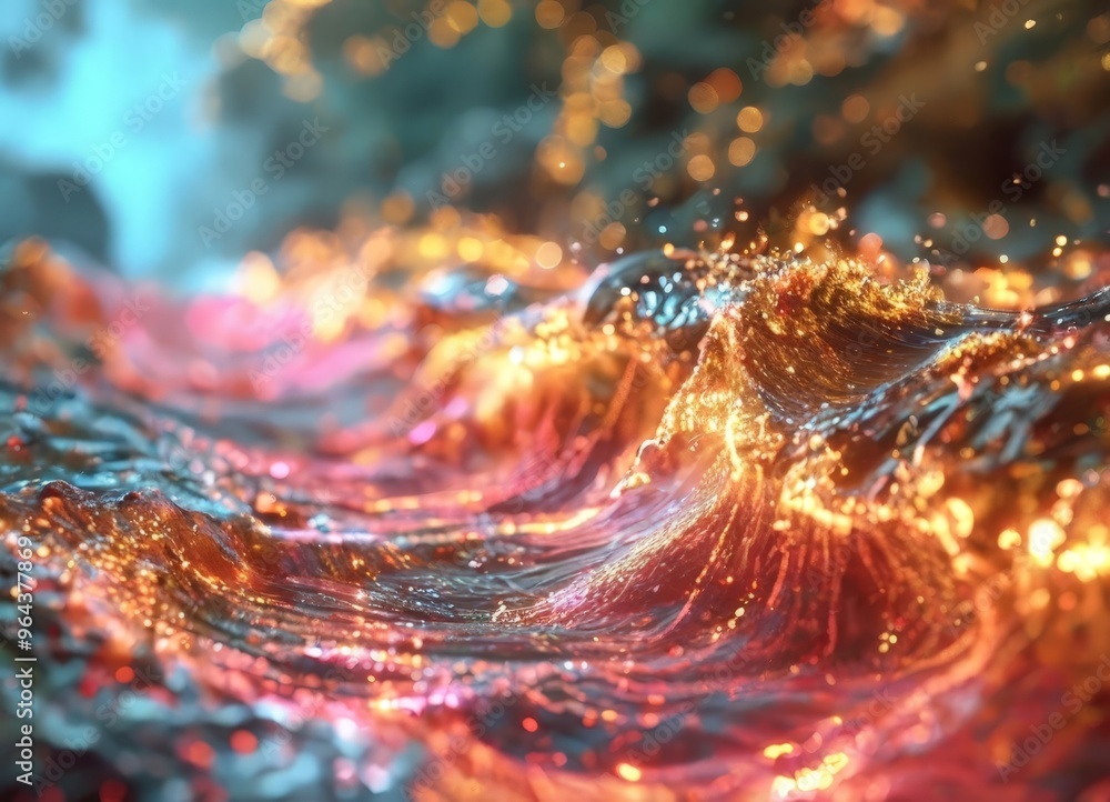 Aufkleber a close-up view of a wave-like pattern with a vibrant mix of orange, red, and blue hues, creating a 