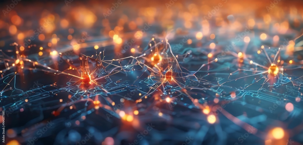 Poster digital illustration of a network of interconnected nodes, each emitting a radiant glow. the nodes a