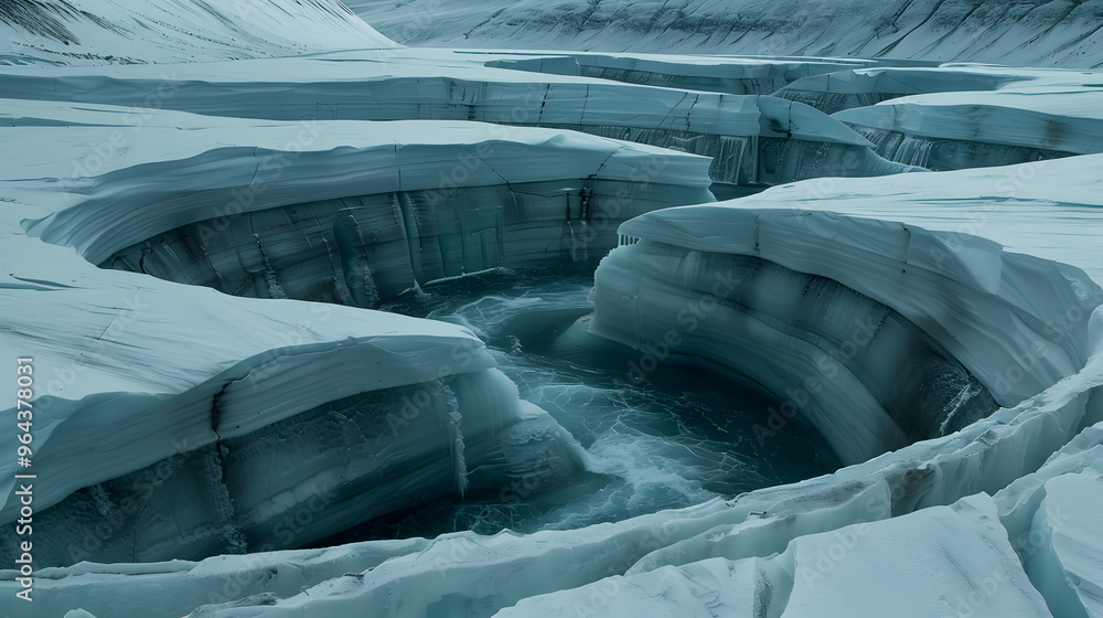 Poster glacier landscape with ice formations shaped like graphics cards and crevasses filled with flowing s