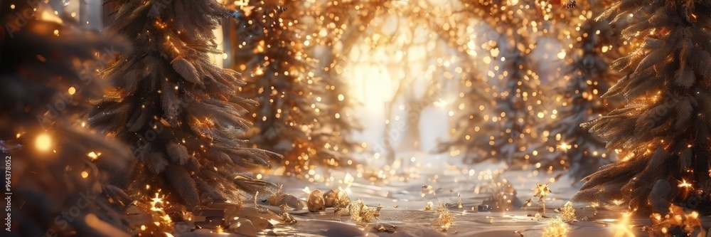 Poster a snowy forest scene with christmas trees and twinkling lights, creating a warm and festive atmosphe
