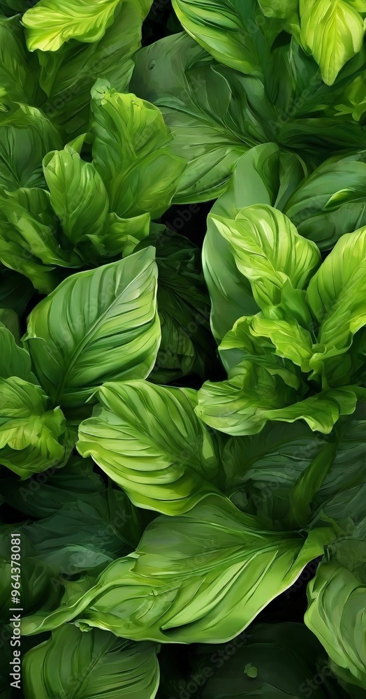 Poster close-up view of a dense, lush growth of large, vibrant green leaves. the leaves are arranged in a w