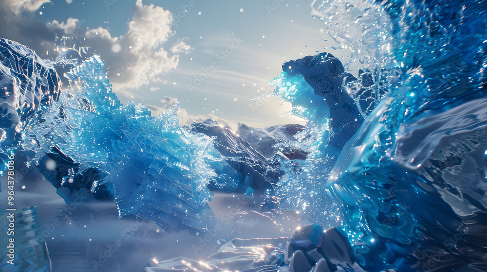 Poster glacier landscape with ice formations shaped like graphics cards and crevasses filled with flowing s