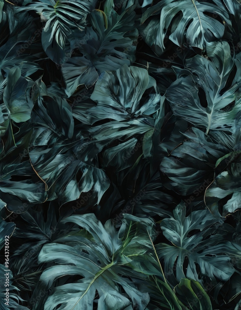 Poster a dense, lush arrangement of large, dark green leaves with intricate patterns, creating a dense, tex