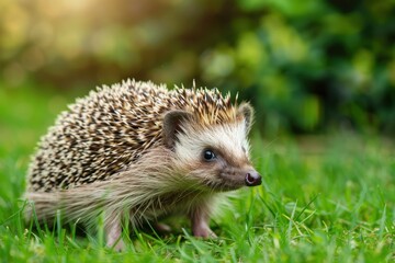 European hedgehog in its natural garden habitat with green grass Erinaceus europaeus
