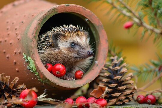 European hedgehog Erinaceus Europaeus in Autumn inside a clay pipe with rosehips and pine cones Room for text