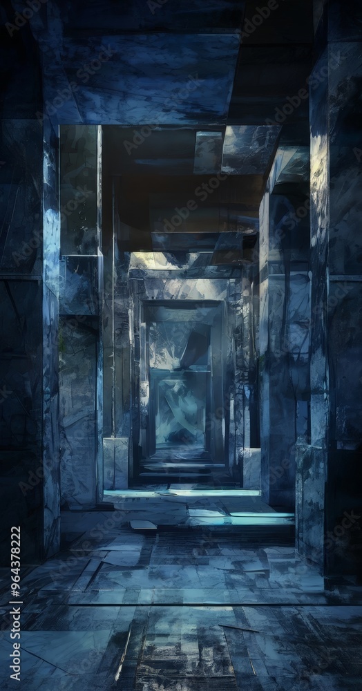 Poster a dark, cavernous interior with a series of arched doorways and columns, creating a sense of depth and mystery.