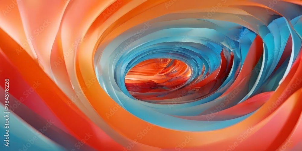 Poster a vibrant, abstract tunnel-like structure composed of overlapping curved lines in shades of orange, 