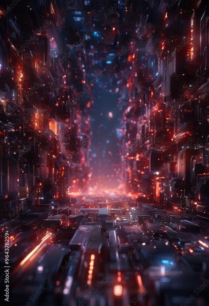 Poster futuristic cityscape, characterized by a dense network of towering structures and glowing lights, cr