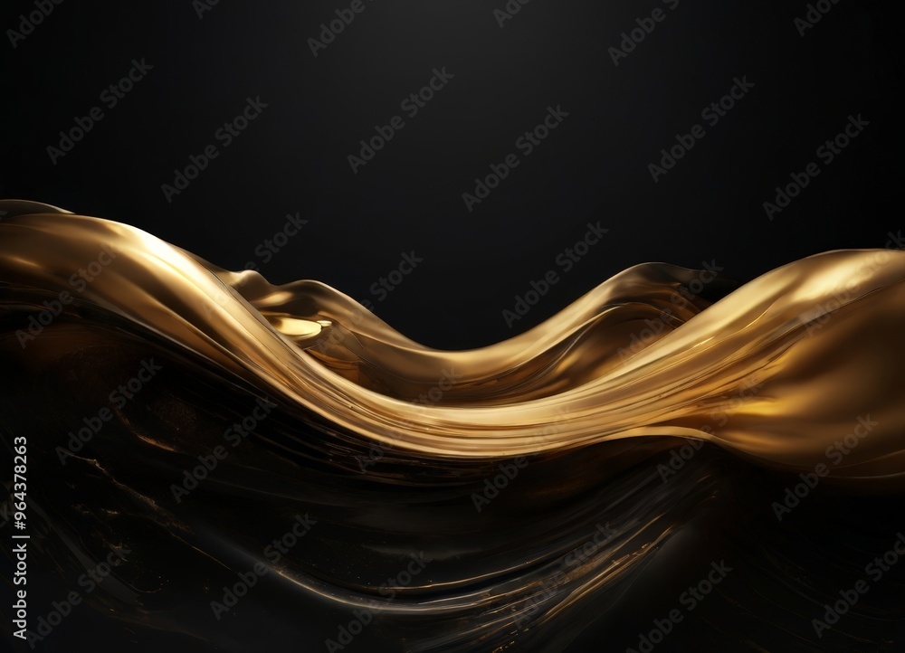 Poster a dynamic, abstract representation of a liquid, possibly oil or gold, with a wave-like pattern and a