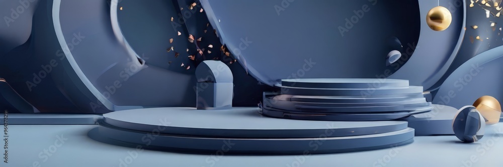 Poster a a stage with a circular platform, surrounded by blue and gold spheres, creating a futuristic and a
