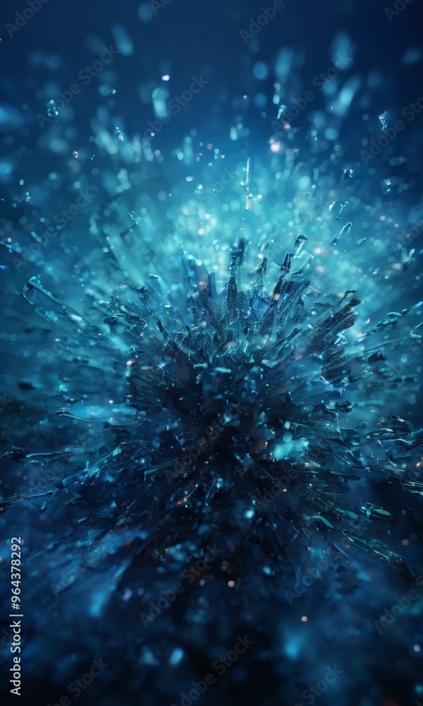 Poster a dynamic, abstract scene of a burst of blue and white particles, resembling a microscopic explosion