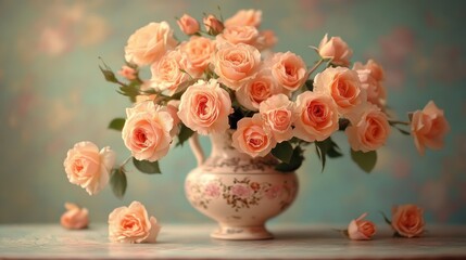Obraz premium Peach roses, vase, table. Generative AI
