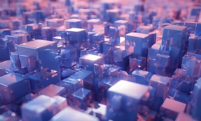 Obraz premium a digital of a densely packed cityscape composed of numerous cubes in shades of blue and pink, creating a visually striking and abstract urban environment.