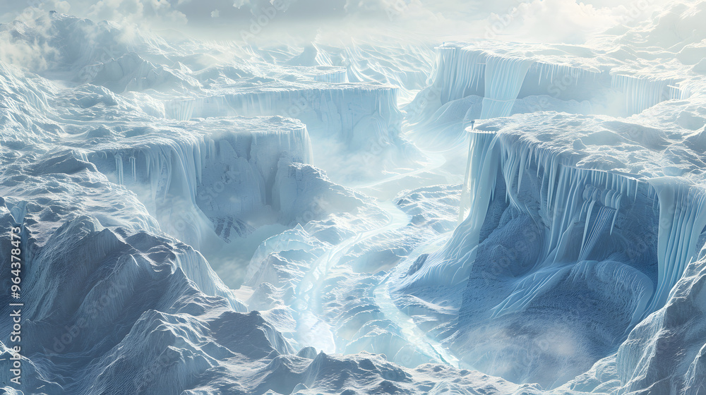 Poster glacier landscape with ice formations shaped like graphics cards and crevasses filled with flowing s