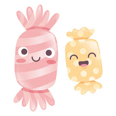 Illustration de bonbons avec un visage souriant, friandises sucrées dans leur emballage rose à rayures et jaune à pois, personnages de dessin animé mignons et rigolos