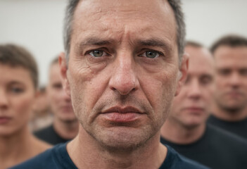 Obraz premium Mature adult man, age 40-60, serious and sad, with tears in his eyes, facing exclusion, bullying or racism, standing in a gym, emotional exhaustion.